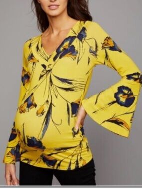 A Pea in the Pod Yellow Floral V-Neck Bell-Sleeve Maternity Top - Size S